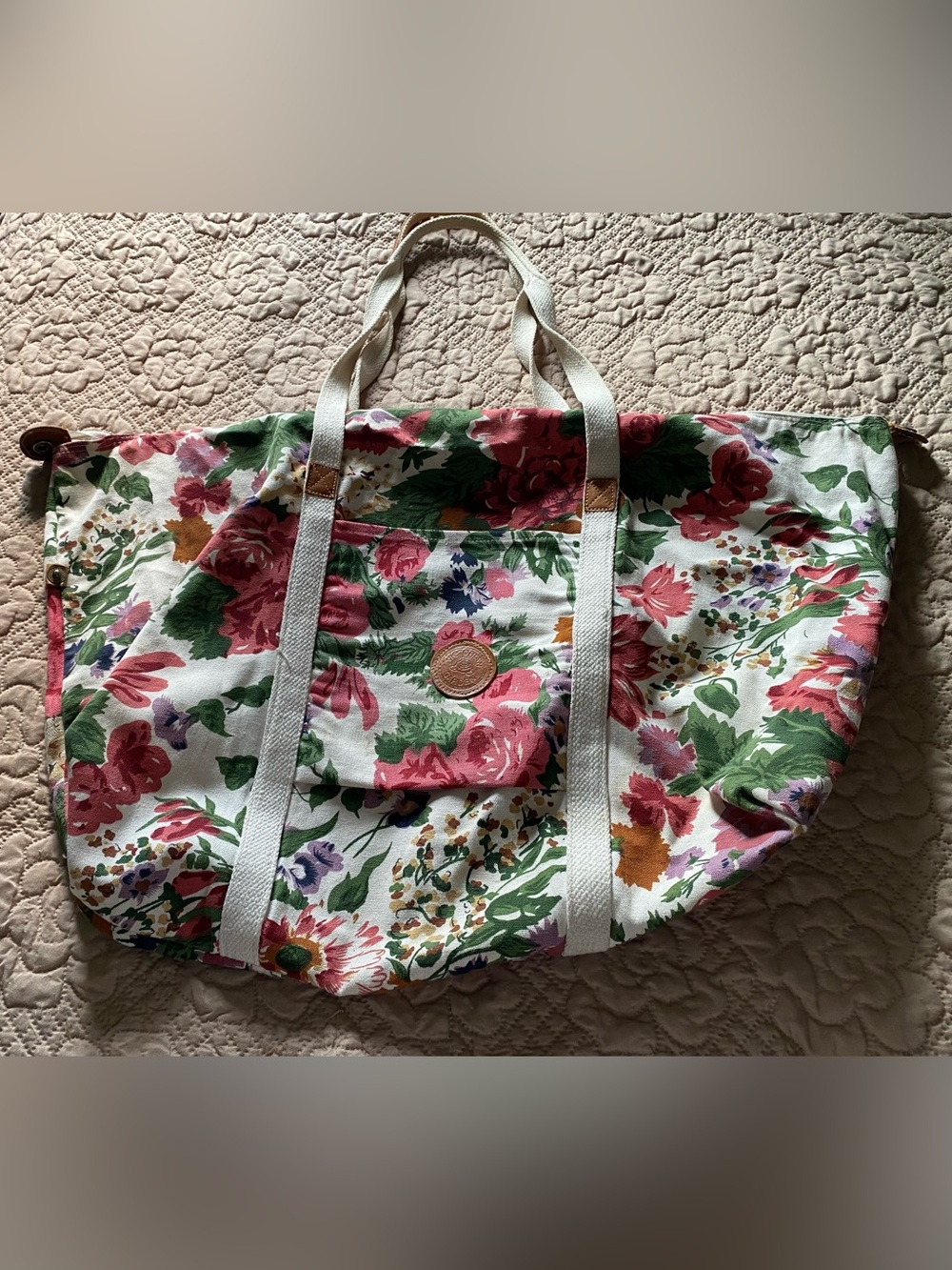 Floral Canvas Tote Bag in Pink & Green